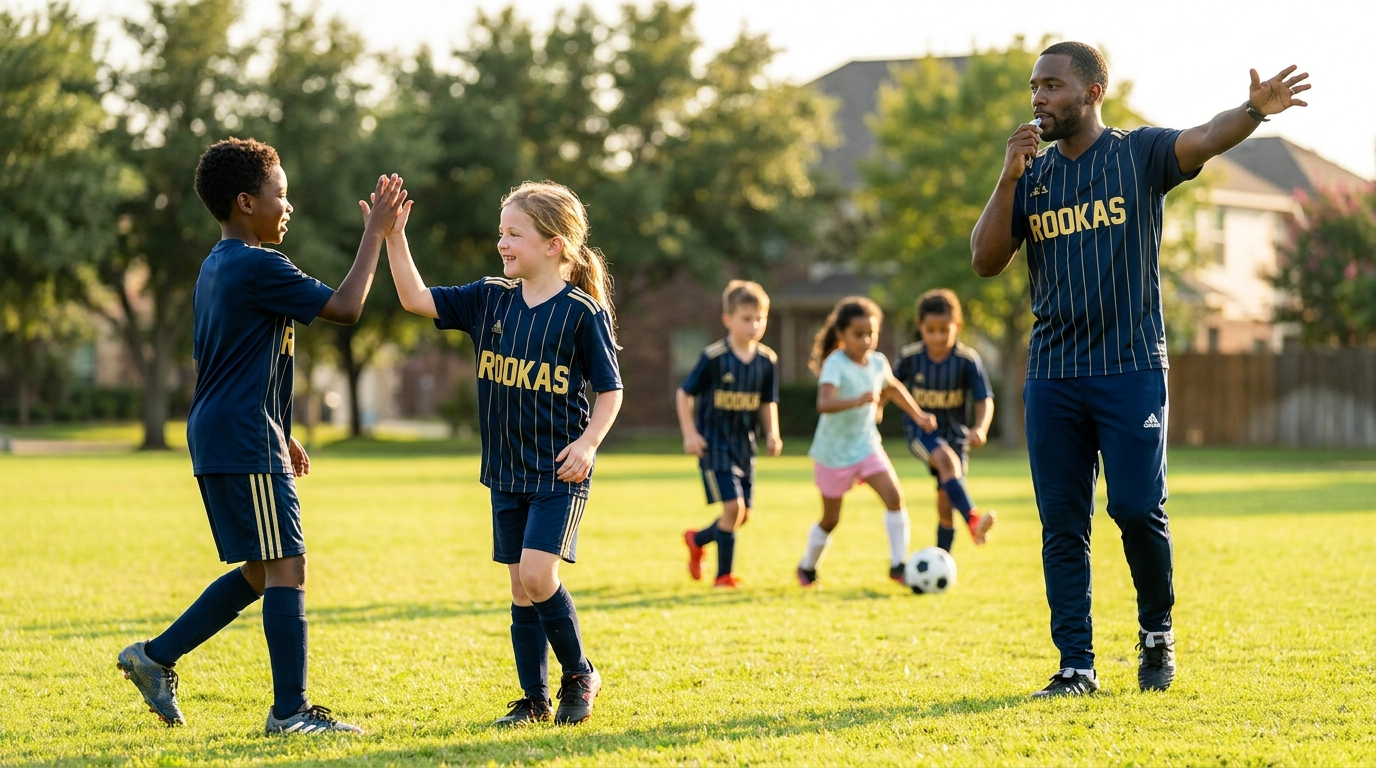 Black American boy and white American girl in navy and gold ROOKAS jerseys playing soccer together at golden hour, coach in background